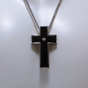 Stainless Steel - Black Enamel & Diamond Accent Cross With 24" Chain NOS